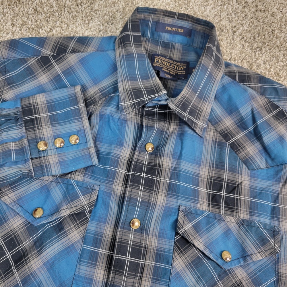 Pendleton Frontier Mens Small Black Blue Plaid Pearl‎ Snap Long Sleeve